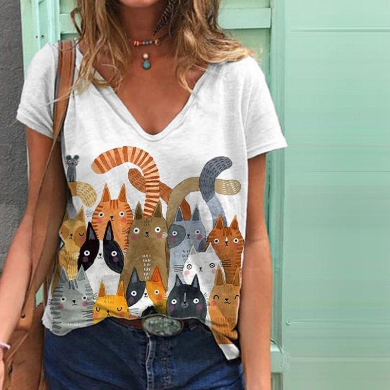 European And American Women's Clothing New Top Loose V-neck Digital Printed Short Sleeve T-shirt