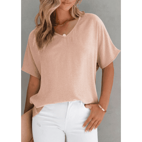 Leisure All-matching Solid Color T-shirt Loose Pullover V-neck Short-sleeved Top