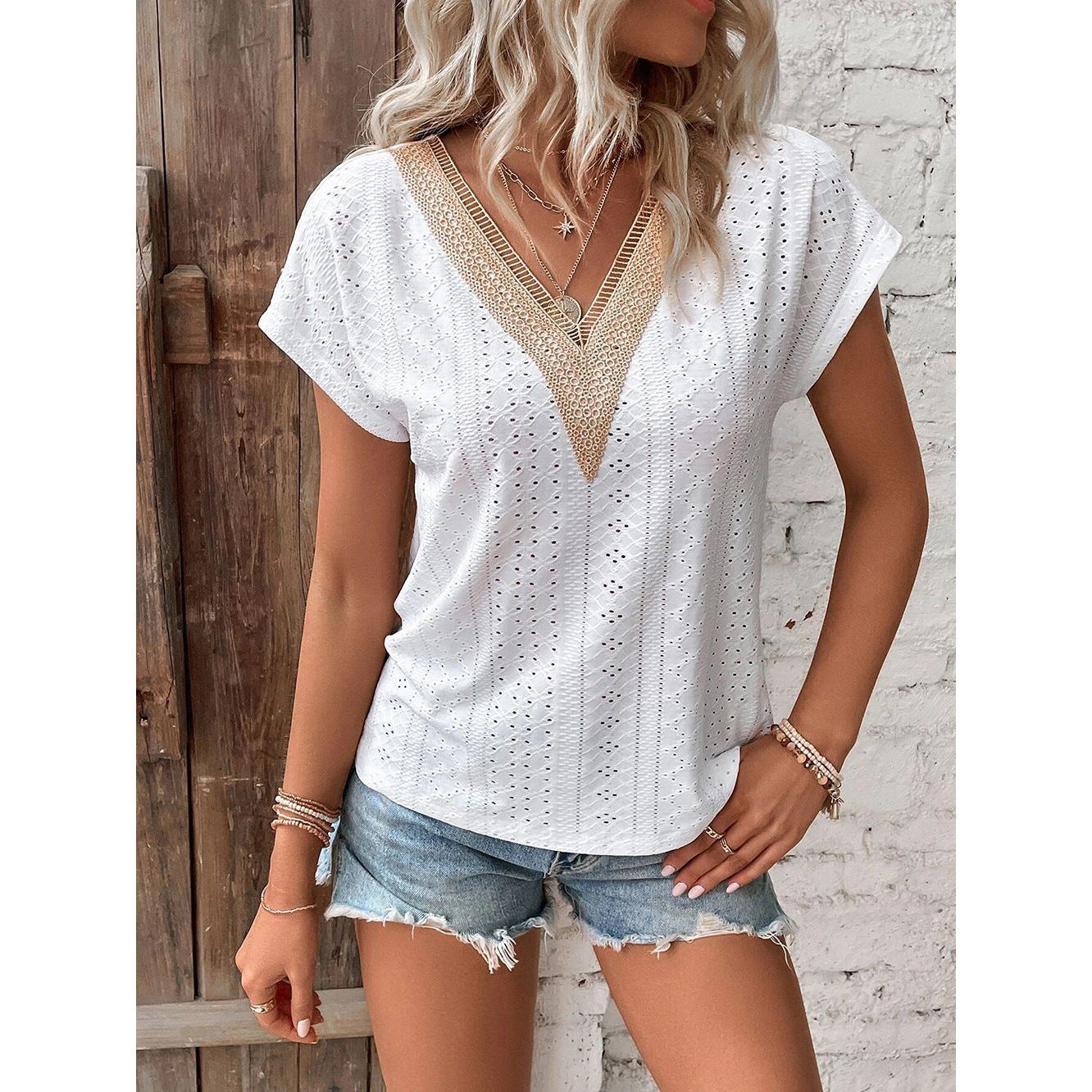V-neck Lace Patchwork Jacquard T-shirt Loose Ladies