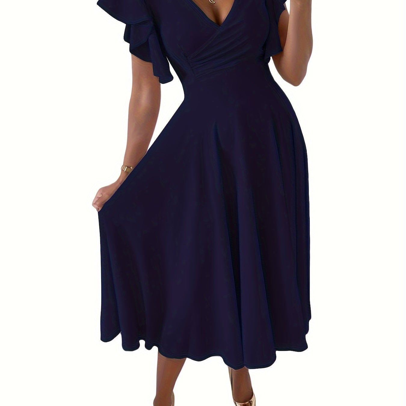 Solid Color Flutter Sleeve Dress, Elegant Surplice Neck A-line Dress, Women's Clothing