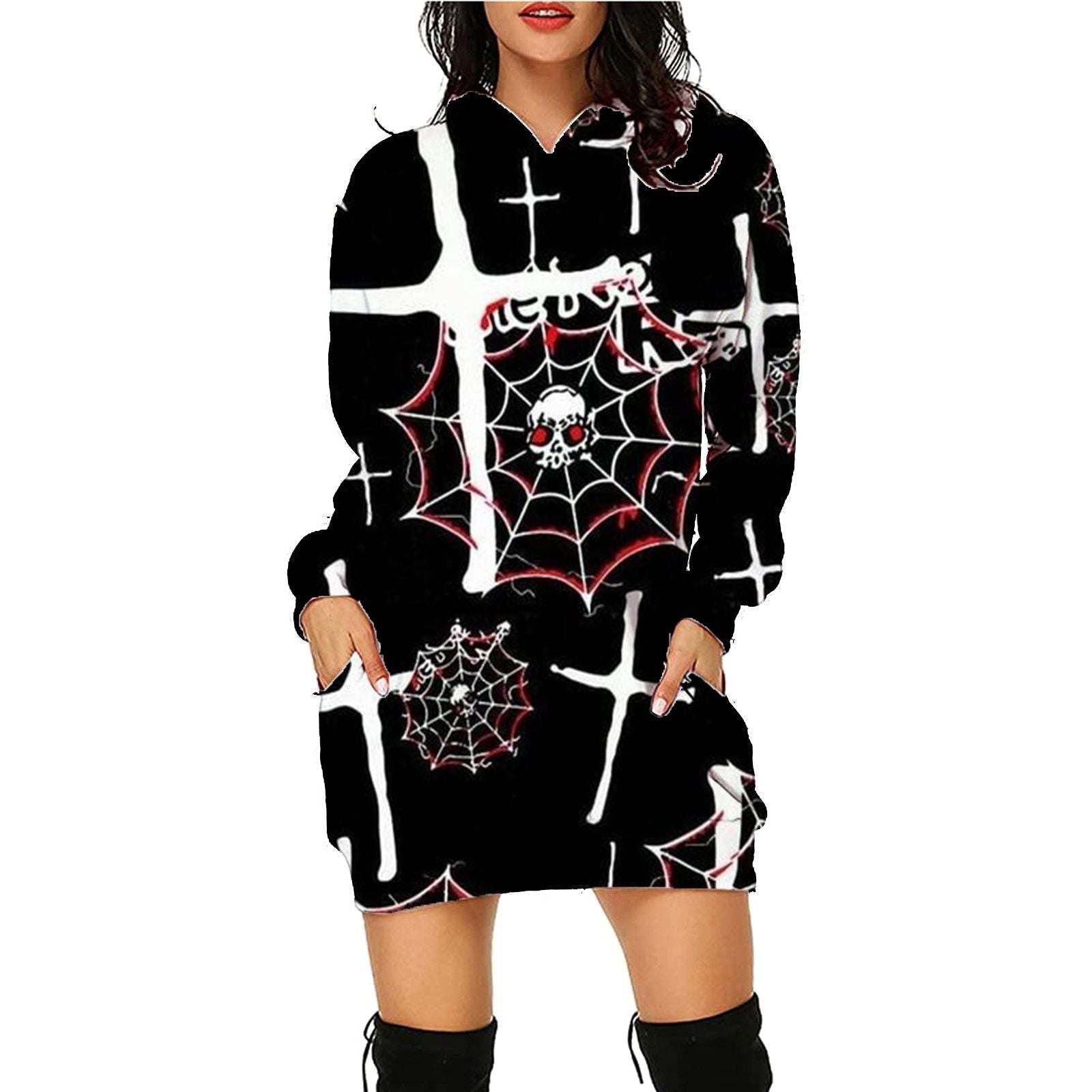 Halloween Print Long Hoodie With Pockets Sweater Long Sleeve Clothes Women - Jointcorp