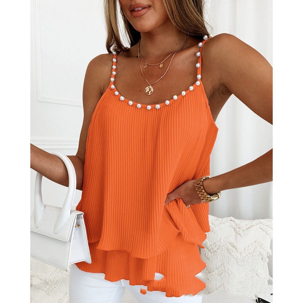 Women's Pink Pleated Design Bubble Bead Decoration Fashion Suspenders