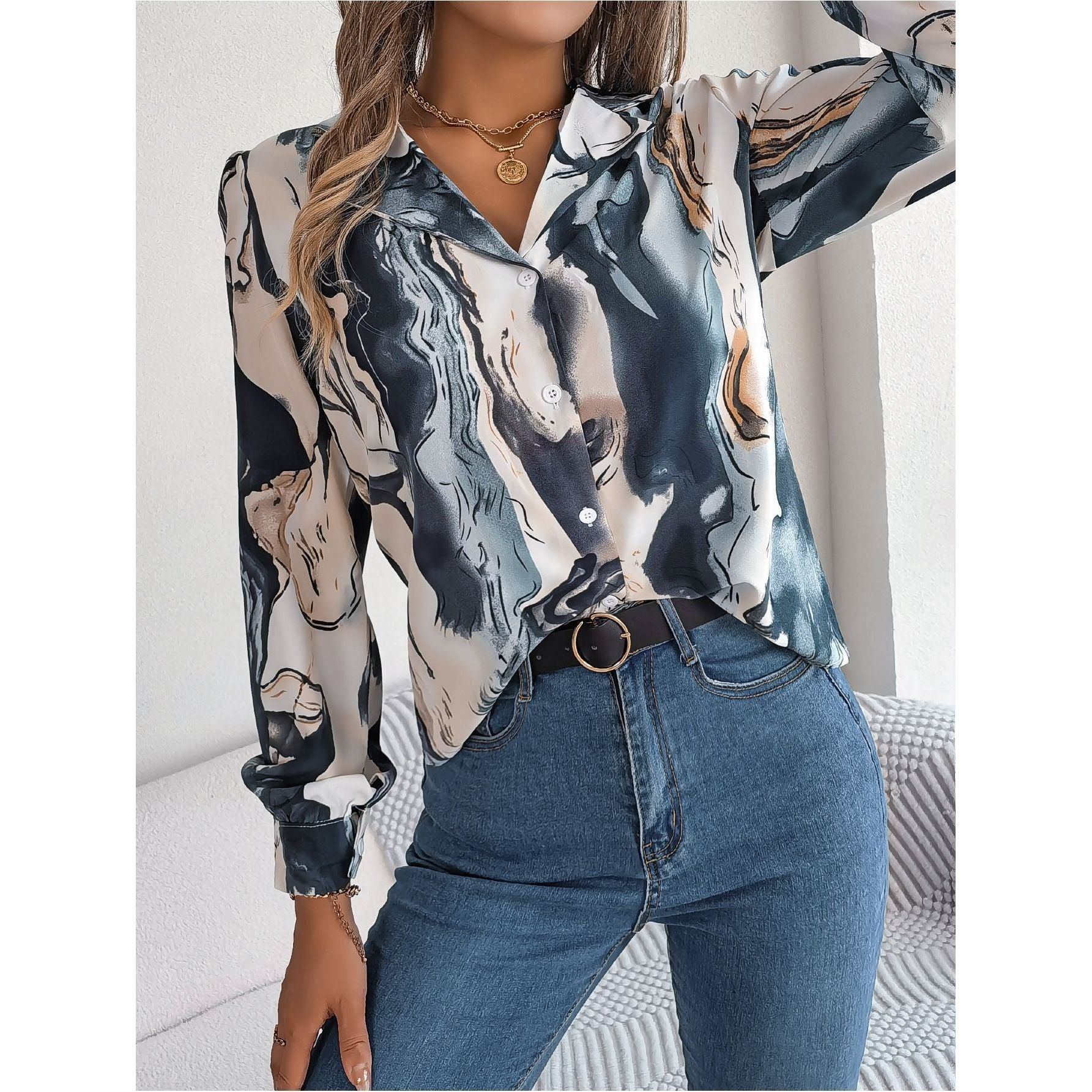 Casual Contrast Color Striped Shirt Suit Collar Long Sleeve Shirt