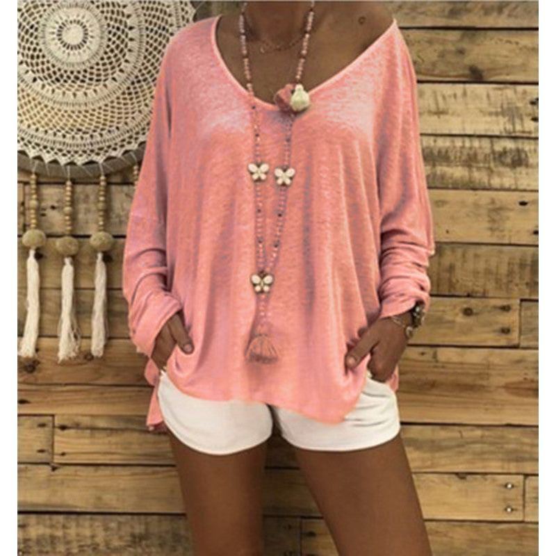 European And American Women's Clothing Solid Color Plus Size Versatile Loose Long Sleeves T-shirt