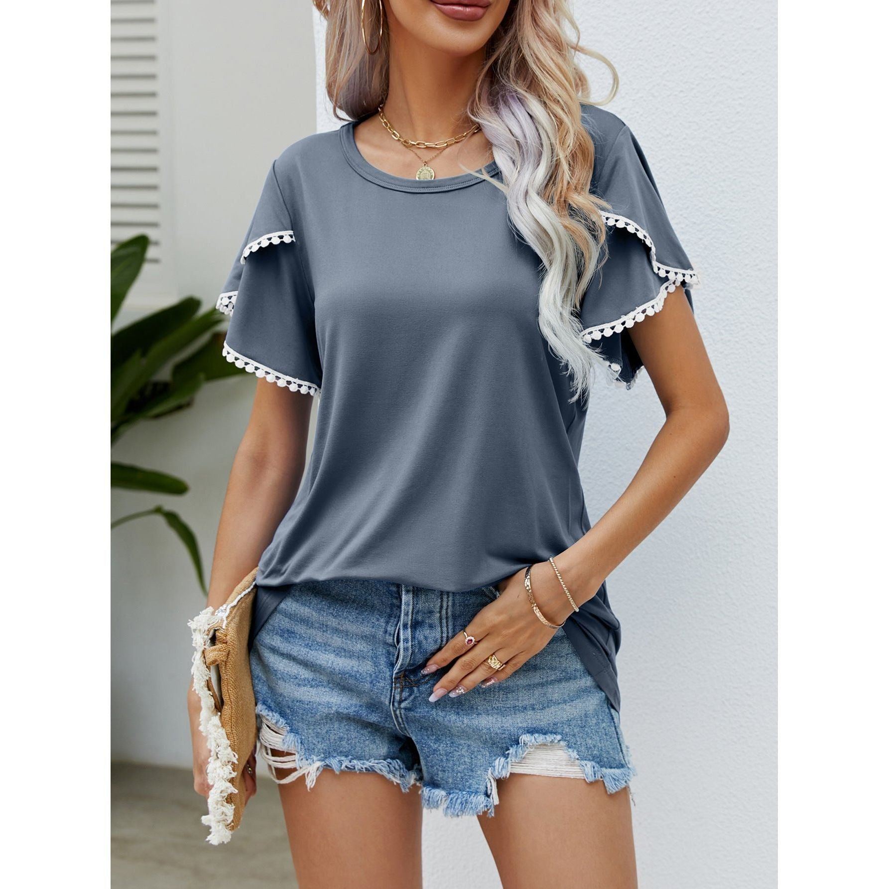 Round Neck Tassel Tulip Sleeve T-shirt Casual Top For Women