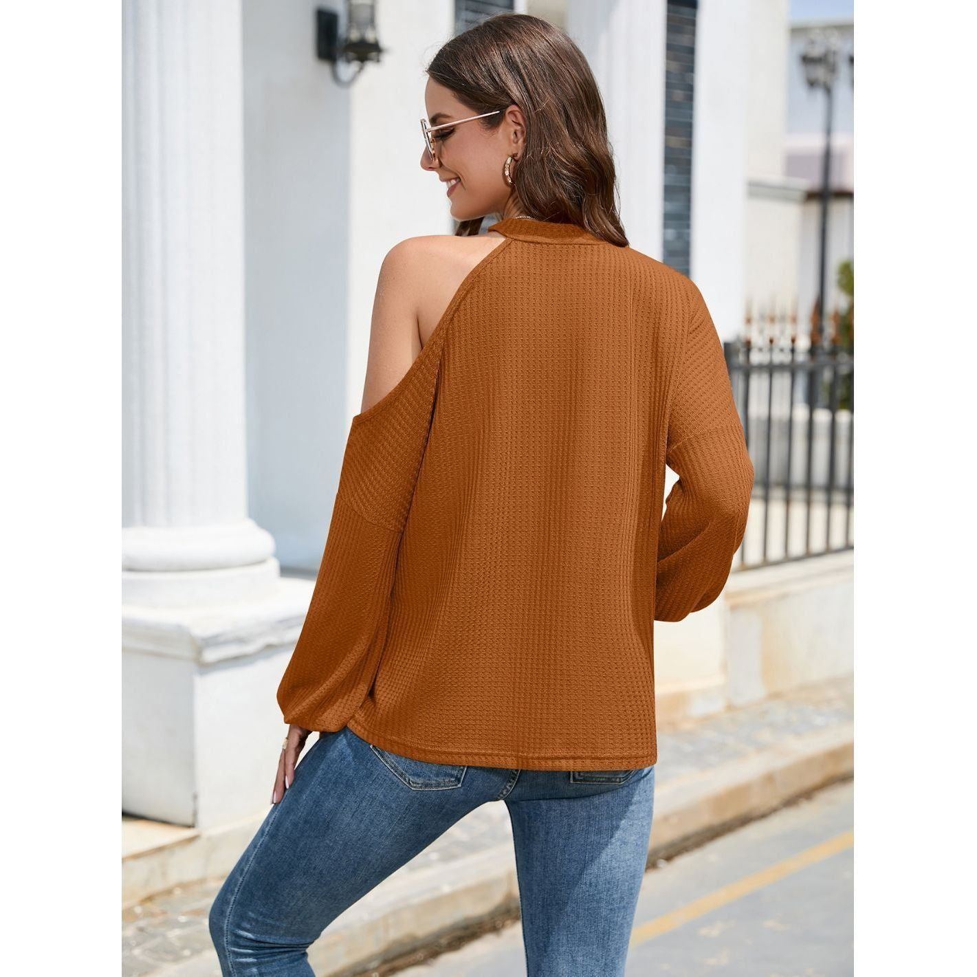 Off-the-shoulder Long Sleeve Crew Neck T-shirt Top Women