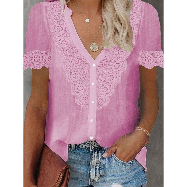 Summer New Women's Lace Stitching Tencel Short Sleeve Shirt