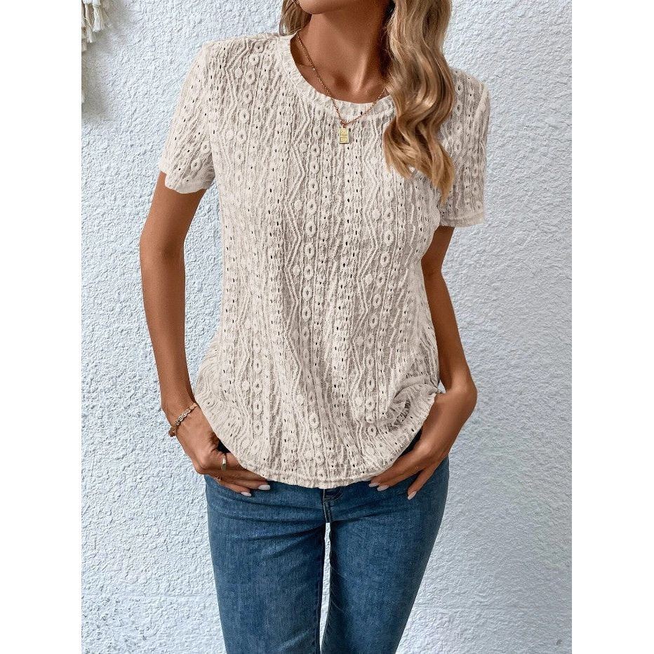 Hollowed Leisure Solid Color Round Neck T-shirt For Women