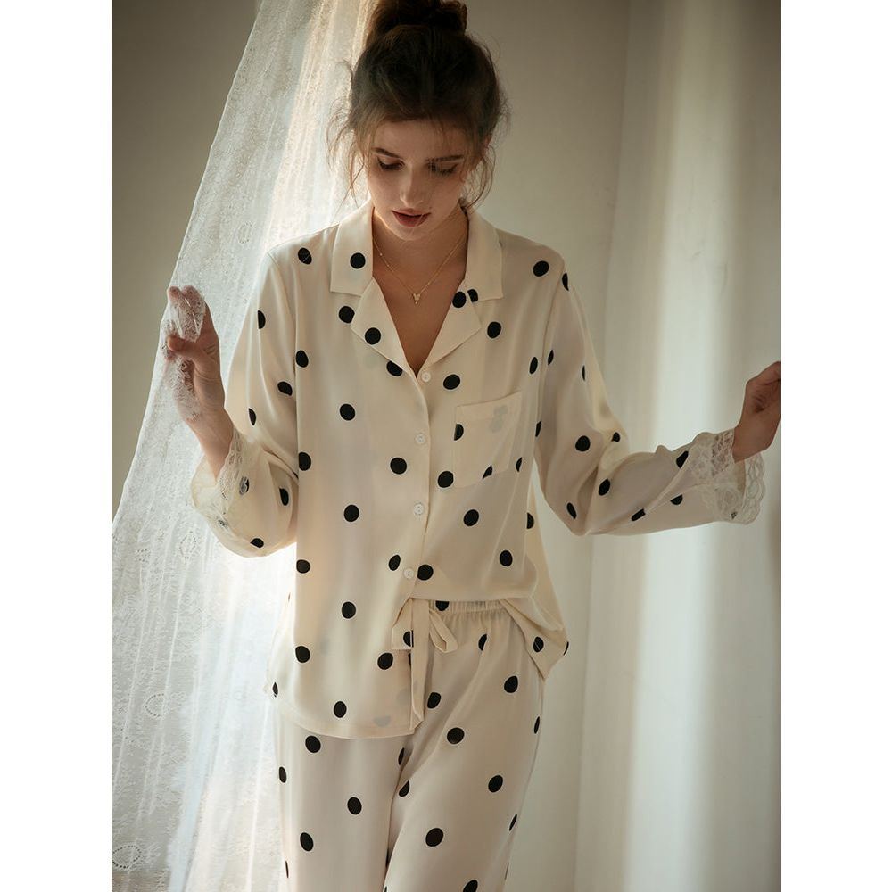 Pajamas With Real Silk Lace Border Dots - Jointcorp