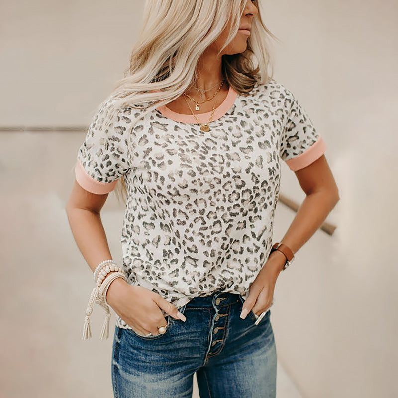 Leopard Print Contrast Color Round Neck Short-sleeved Casual T-shirt