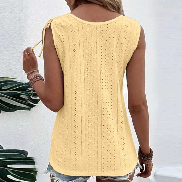 Casual Solid Color U-neck Vest Women Shoulder With Bow Tie Tops Summer T-shirt - Jointcorp