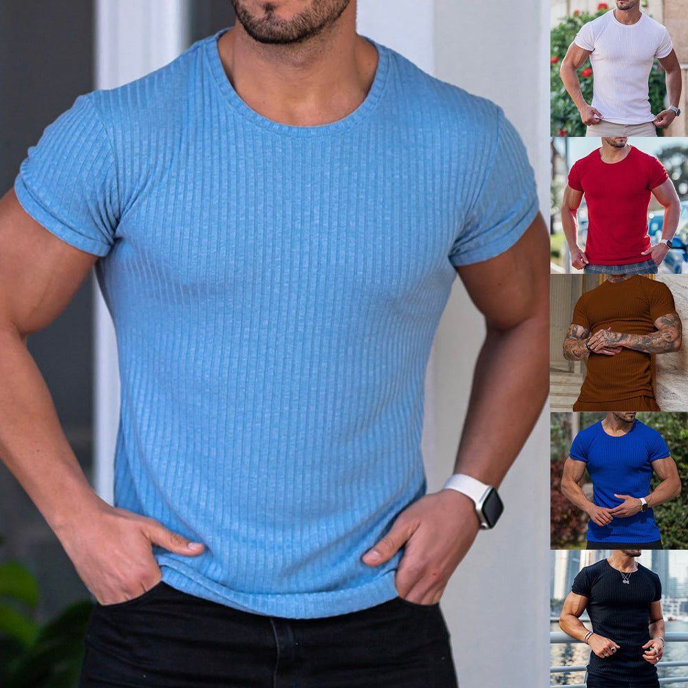 Men's Summer Sports Fitness Casual Stand Collar Elastic Vertical Bar Round Neck Short Sleeve T-shirt - Jointcorp