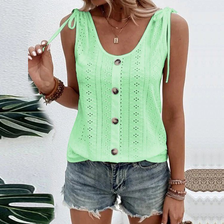 Casual Solid Color U-neck Vest Women Shoulder With Bow Tie Tops Summer T-shirt - Jointcorp