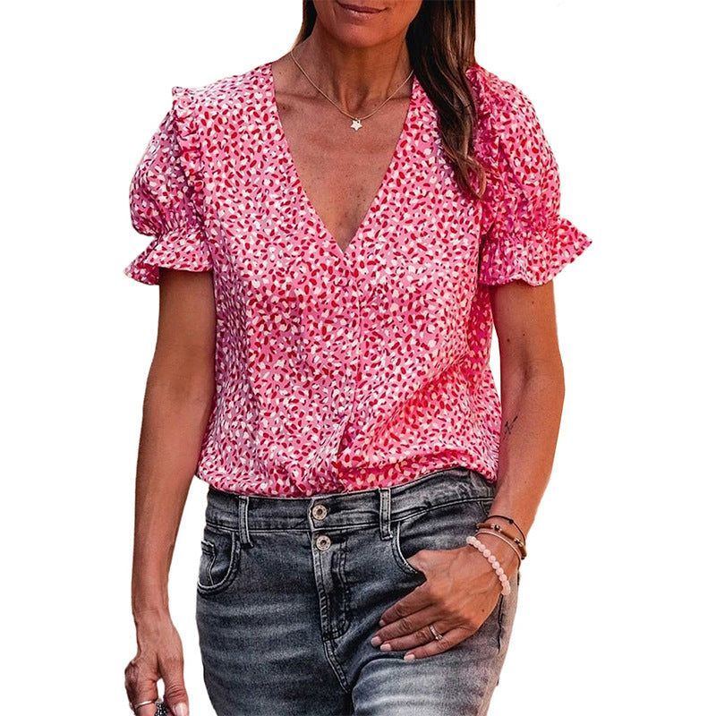 Printed Slim Shirt Women's Ruffled Low V-neck Shirt Women - Jointcorp