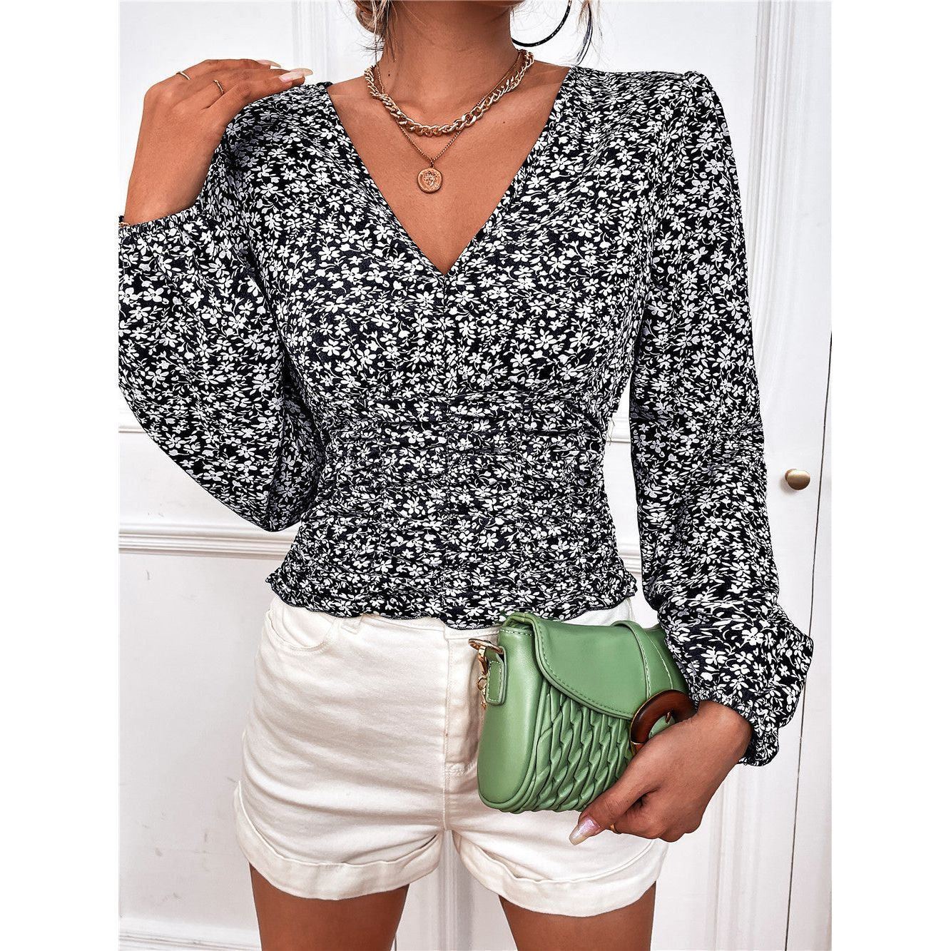 Long Sleeve V Neck Floral Top T Shirt Women