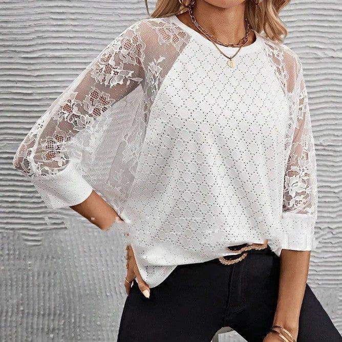Fashion Lace Casual Women's Patchwork Round Neck Top - Jointcorp