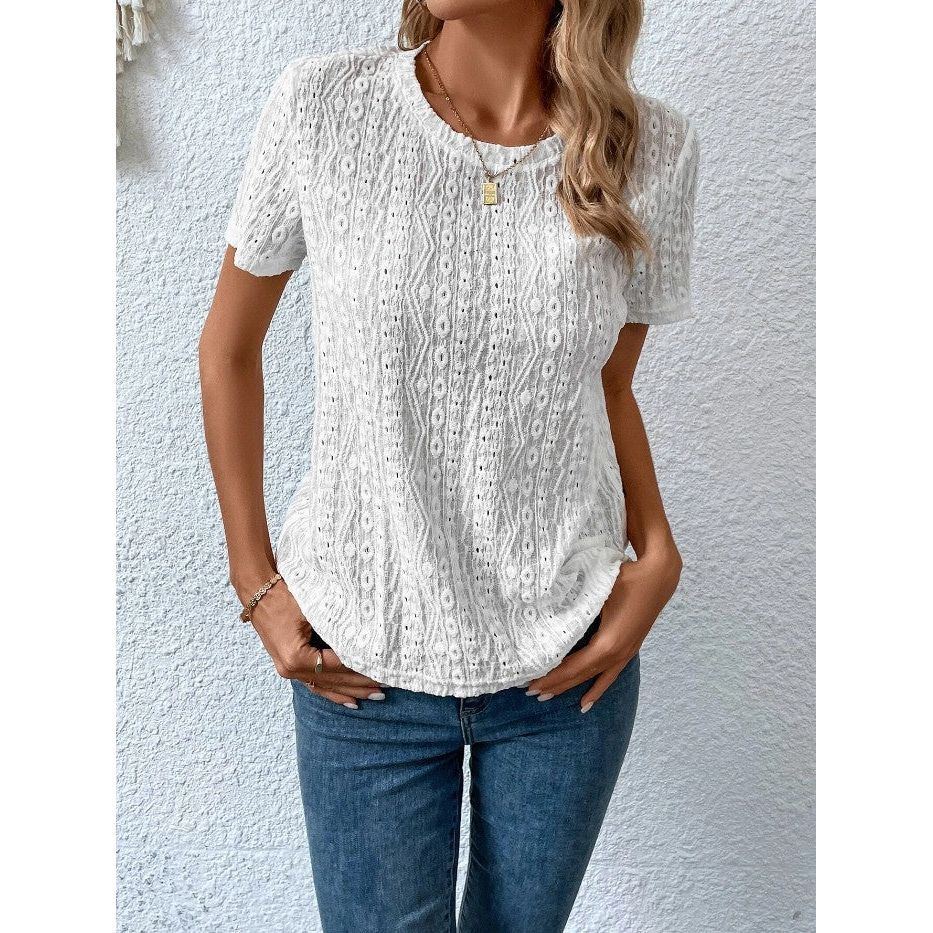 Hollowed Leisure Solid Color Round Neck T-shirt For Women