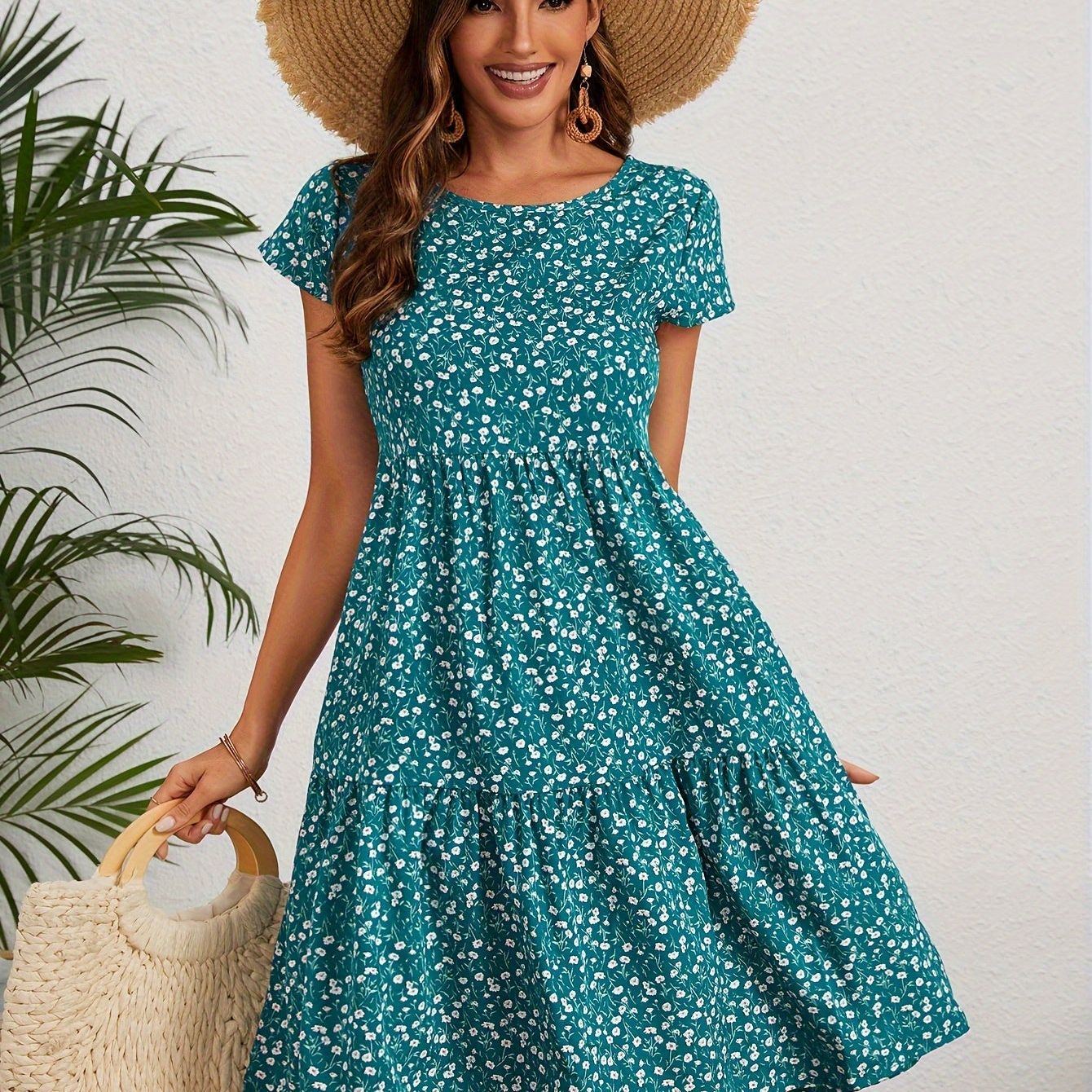 Floral Print Crew Neck Dress, Vintage Short Sleeve Dress For Spring & Summer, Women's Clothing
