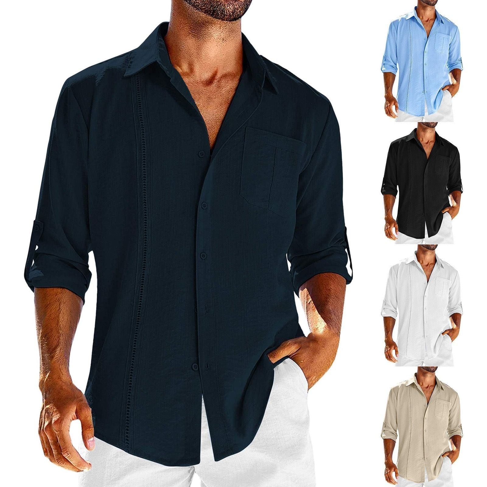 Casual Lace Polo Collar Solid Color Long Sleeve Button Men's Shirt - Jointcorp