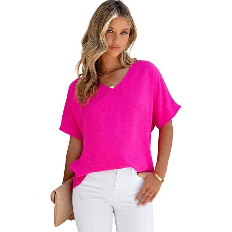 Leisure All-matching Solid Color T-shirt Loose Pullover V-neck Short-sleeved Top