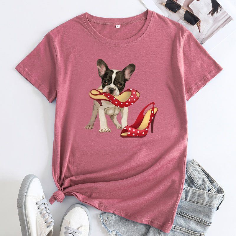 Loose And Cute Dog Print Pure Cotton Round Neck Short Sleeves