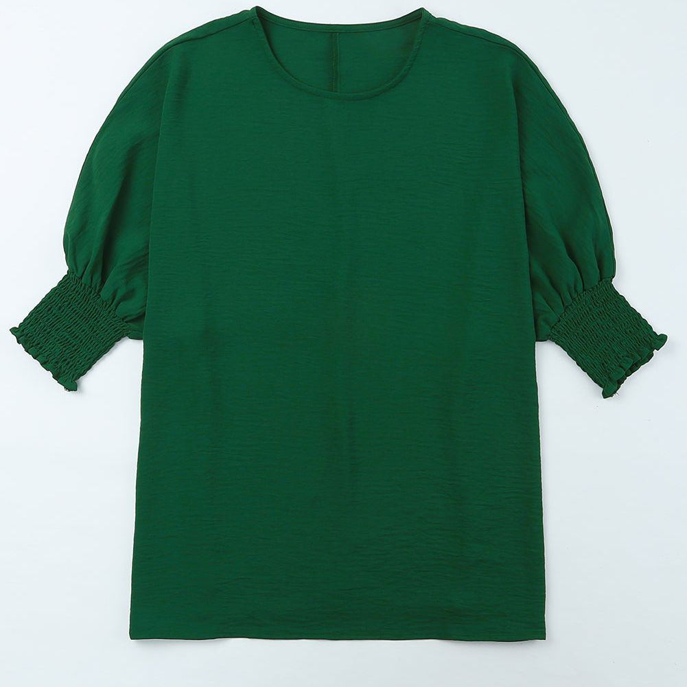 White Plain & Casual Shirred Cuffs Half Sleeve Top