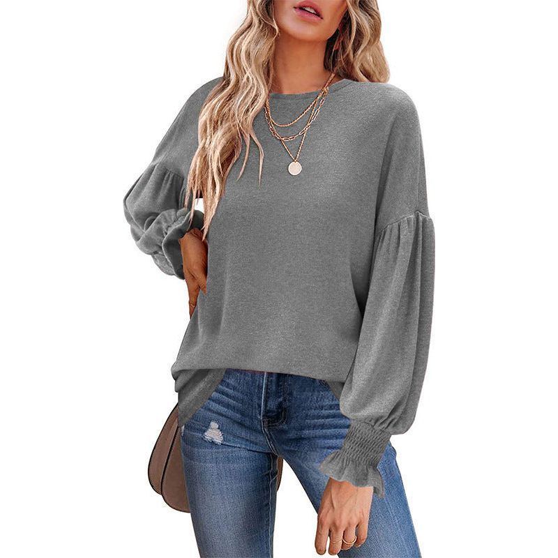Round Neck Pleated Lantern Sleeve T-shirt for Women, Autumn/Winter.