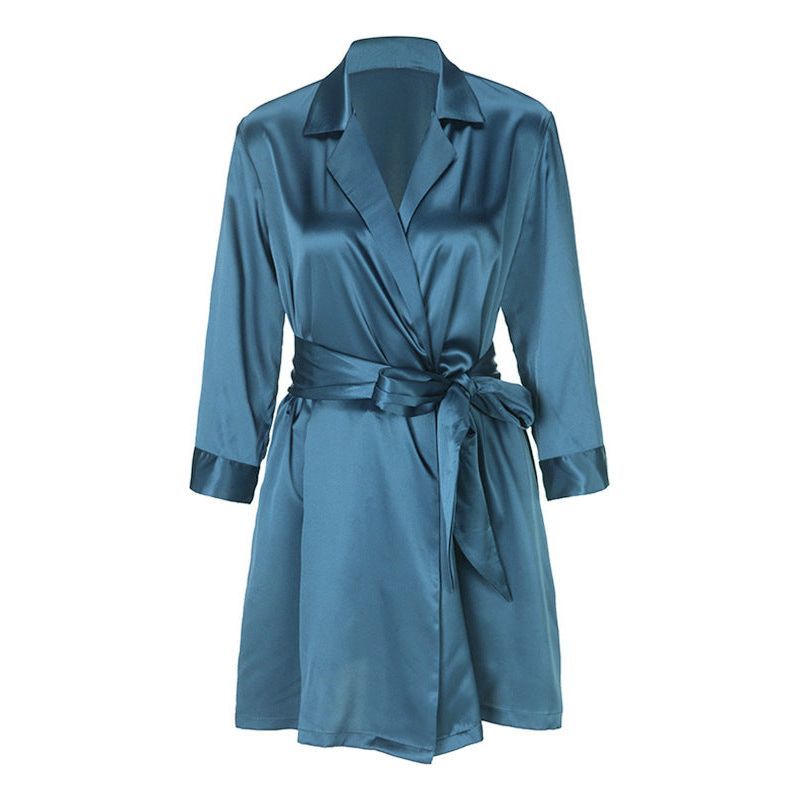 Lace Up Simulation Silk Bathrobe French Satin Pajamas - Jointcorp