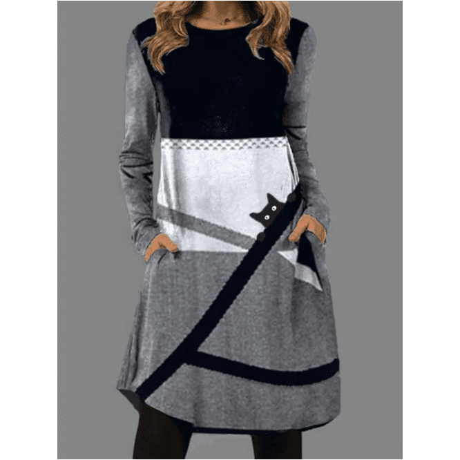New Women's Printed Round Neck Long Sleeve Pocket Dress - Jointcorp