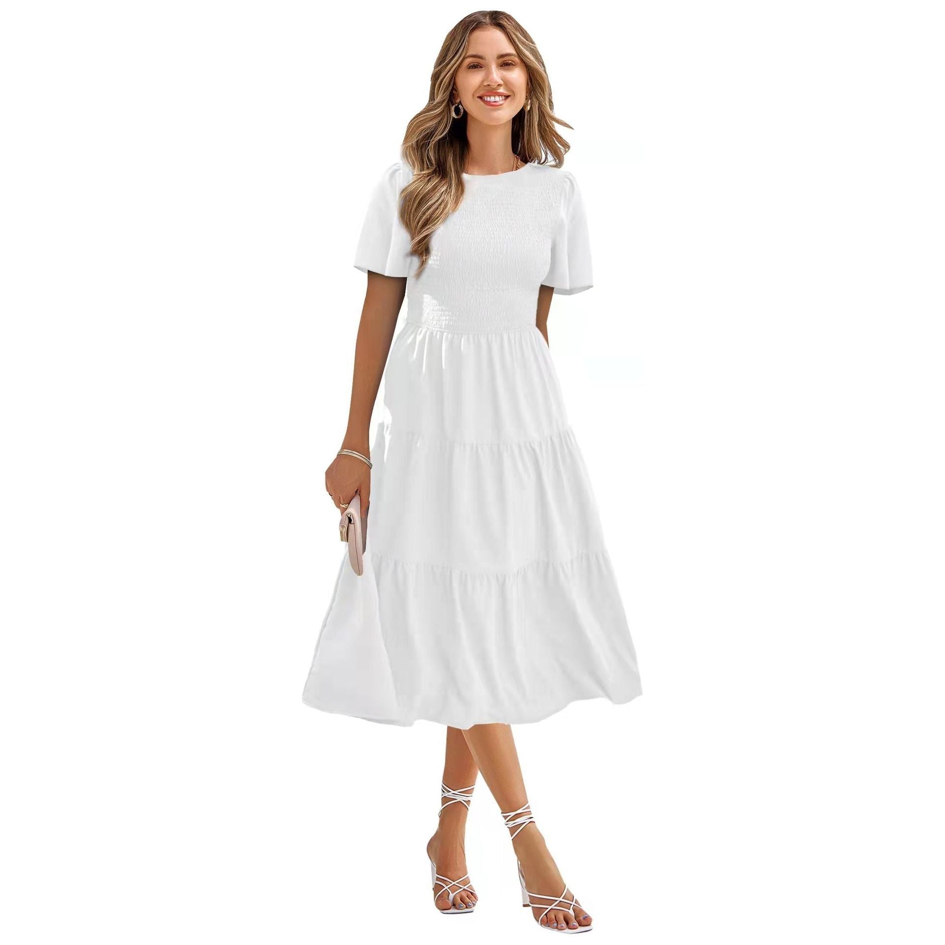 Women's Round Neck Smocked Short Sleeve Casual Dress Swing Flowy Ruffle Hem Mini Beach Summer Dresses - Jointcorp