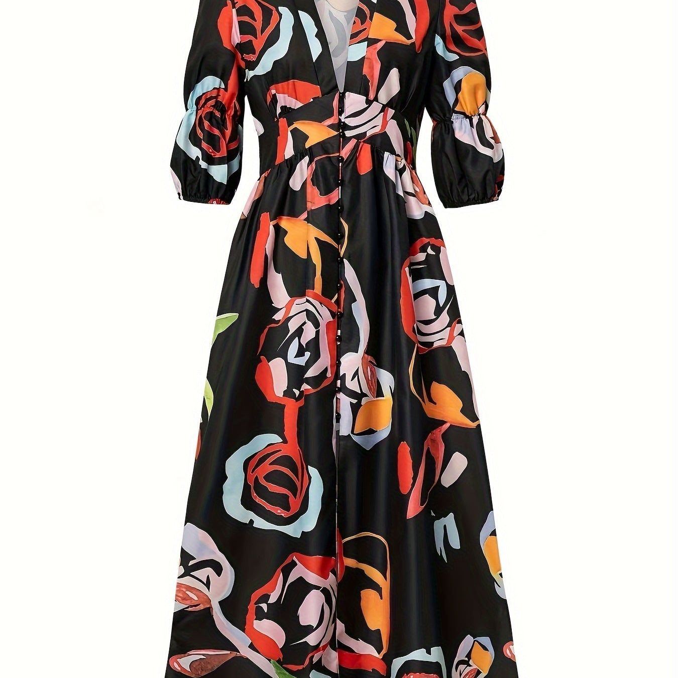 Allover Print V-neck Dress, Elegant Short Sleeve A-line Dress For Spring & Summer, Women's Clothing