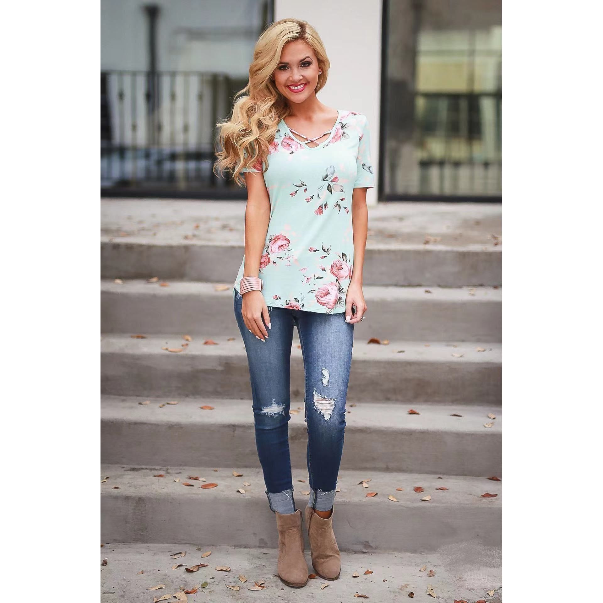 Flower Print Cross Front Short Back Long T-shirt