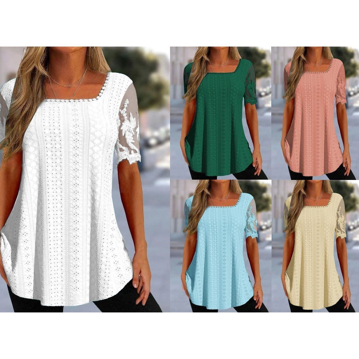 Summer New Square Neck T-shirt Hole Hollow-out