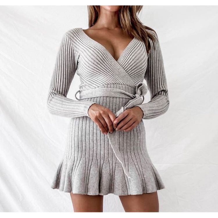 Sexy V Neck Knitted Dresses Women Long Sleeve - Jointcorp