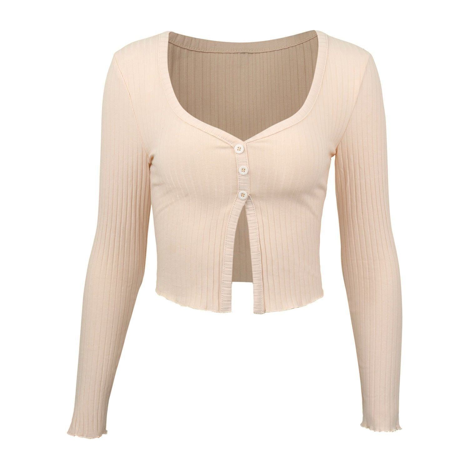 Long Sleeved Crop Cardigan Top Sexy Button Knit T-shirt