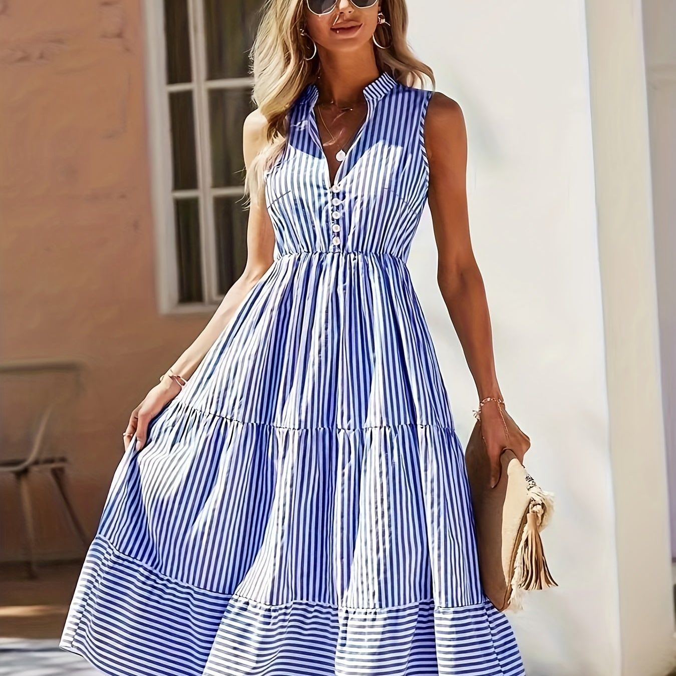 Striped Print Ruffle Hem Dress, Elegant Sleeveless Dress For Spring & Summer, Women's Clothing