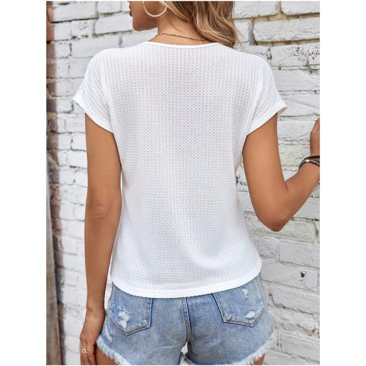 Women's Waffle Irregular Hem Short Sleeve Solid Color T-shirt Top