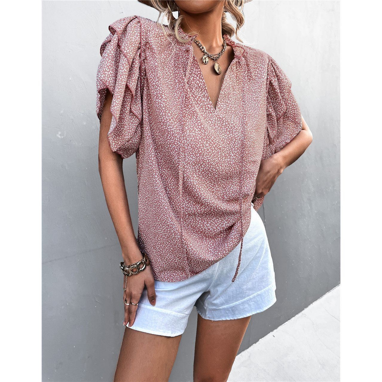 Tied V-neck Leopard Print Top Casual T-shirt - Jointcorp