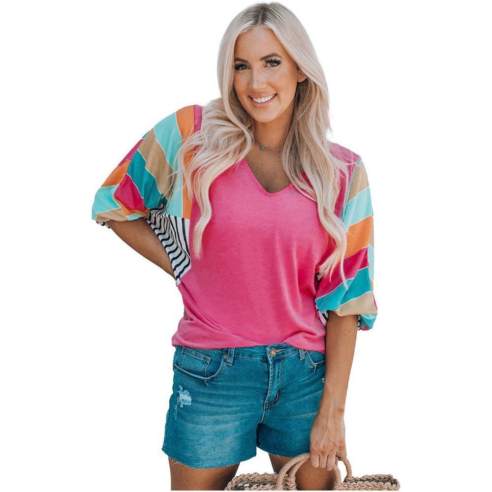 V-neck Pullover Contrast Stitching Short Sleeves Top