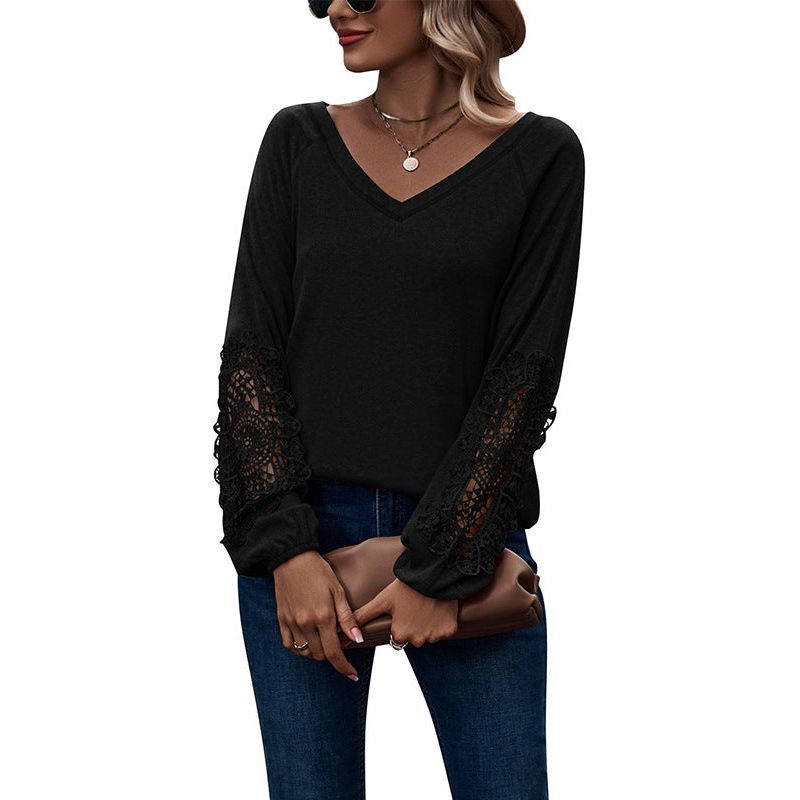Loose Casual V-neck Lace Lace Long-sleeved