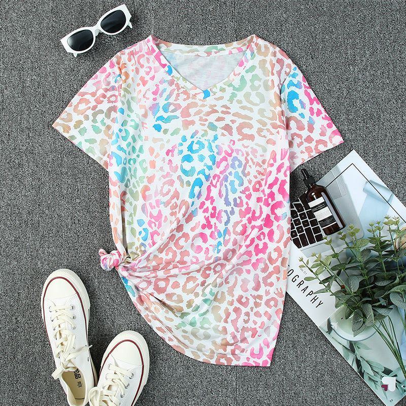 Leopard Print Contrast Color T-shirt Women's Pullover Top