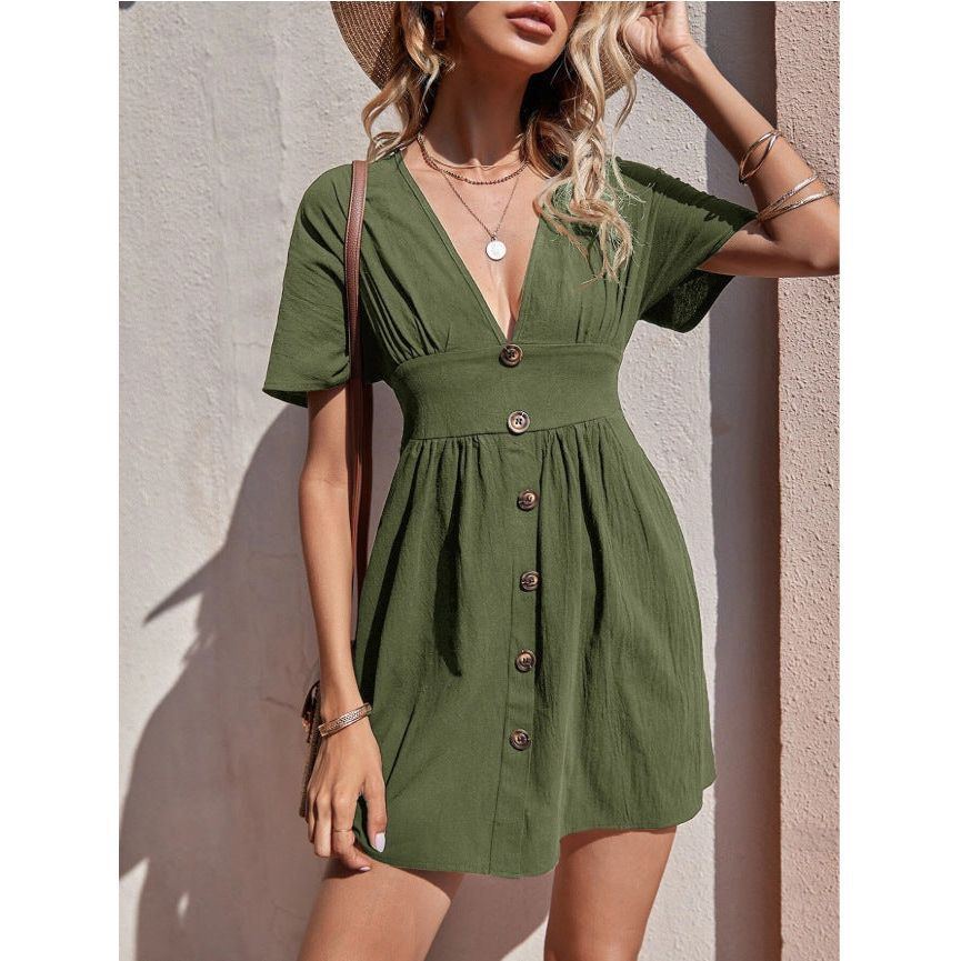 Deep V-neck Cotton And Linen Women's A-line Skirt - Jointcorp