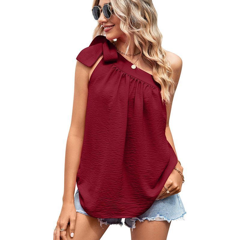 Cross-border European And American Women's Clothing Shoulder Lace-up Bow Top One-shoulder Vest