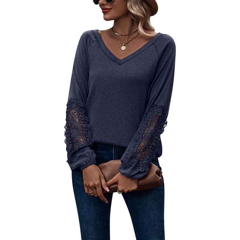 Loose Casual V-neck Lace Lace Long-sleeved