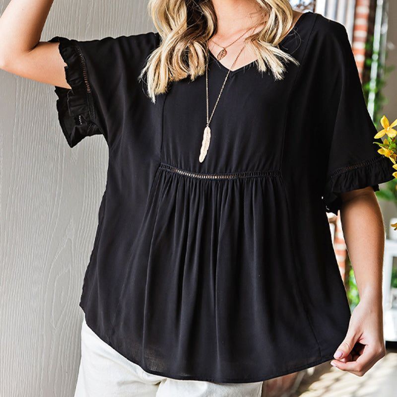 V-neck Ribbon Ruffle Top Women's Short-sleeved Pullover