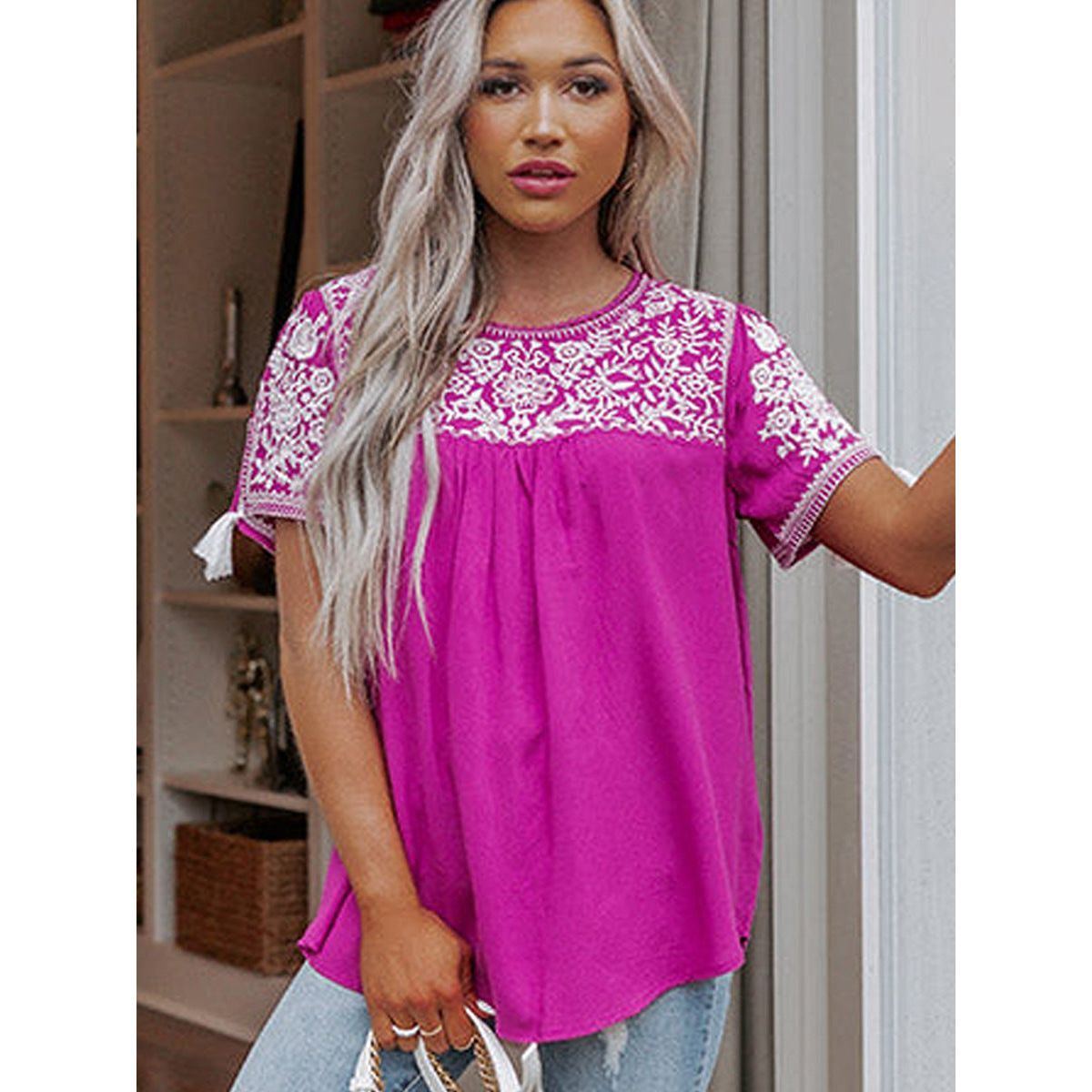 Embroidered Top Women's Short Sleeve Tassel Decoration