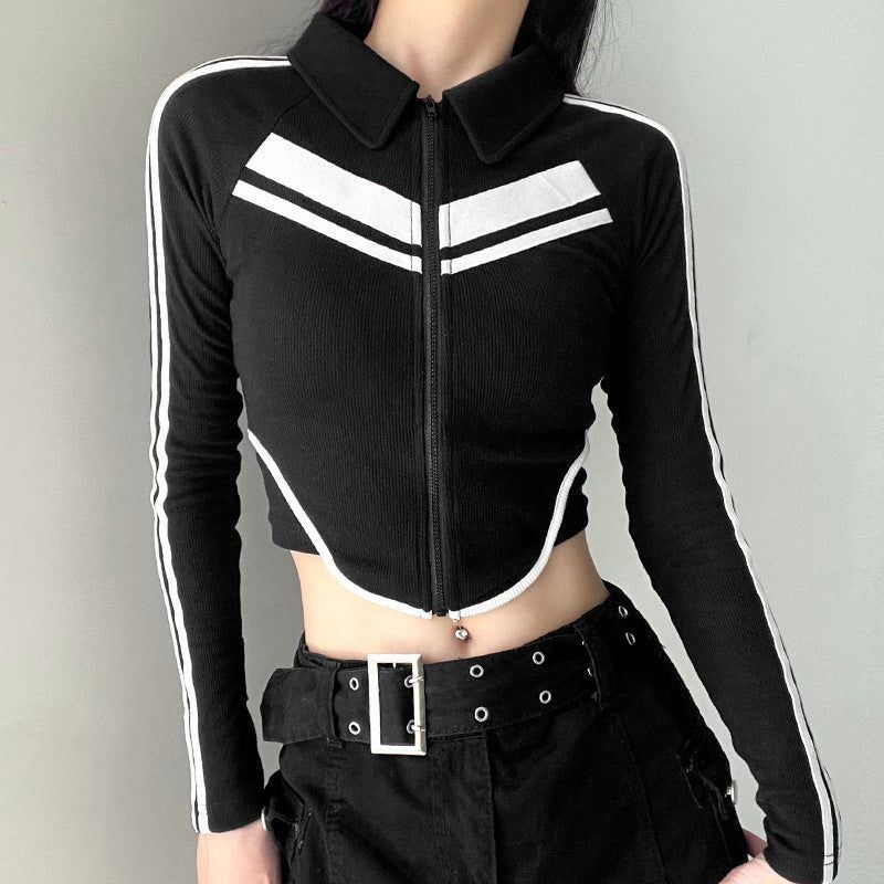 Sweet And Spicy Style Polo Collar Striped Short Stitching Coat Zipper Cardigan Long-sleeve T-shirt