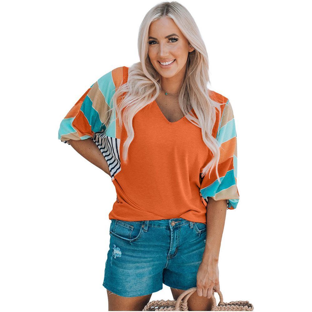 V-neck Pullover Contrast Stitching Short Sleeves Top