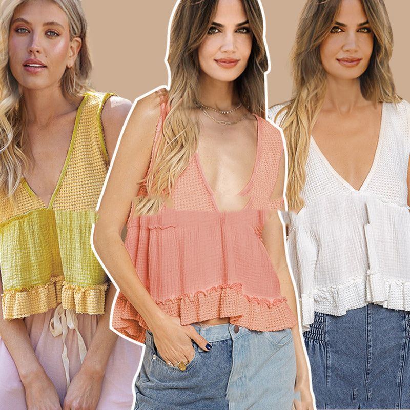 Deep V-neck Sleeveless Top Loose Casual Women's Ruffled Stitching Vest