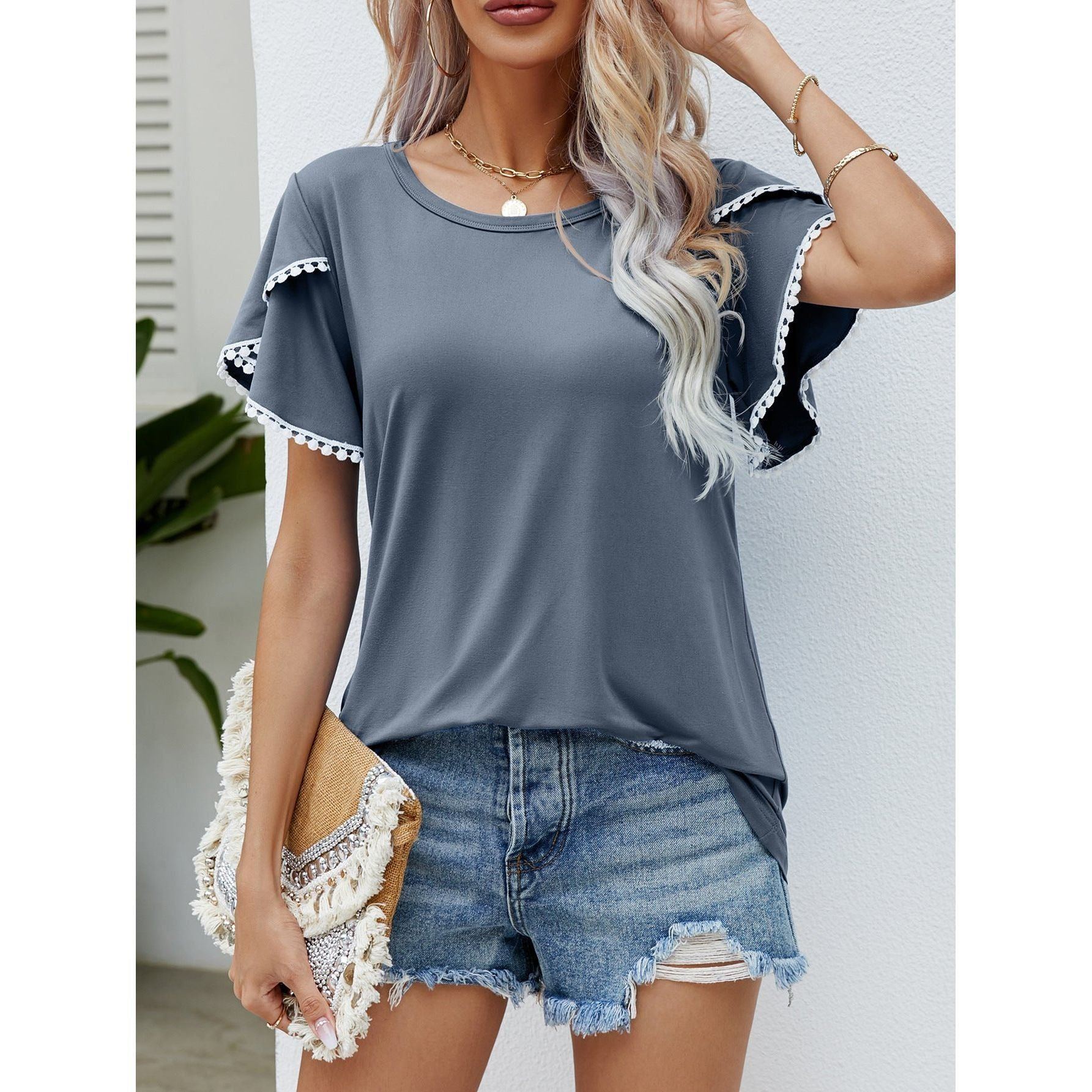 Round Neck Tassel Tulip Sleeve T-shirt Casual Top For Women